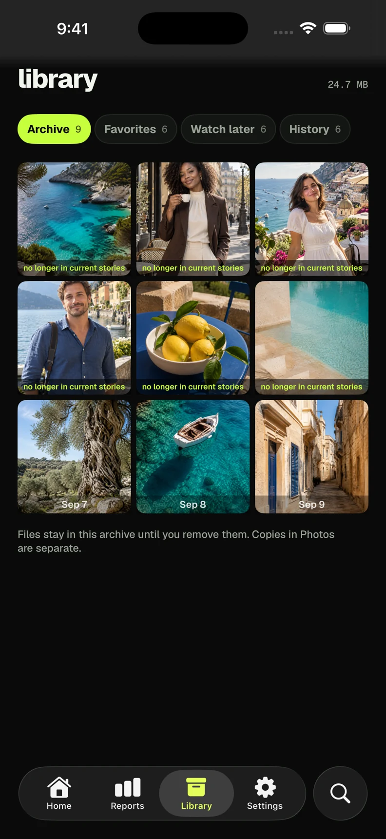 InViewer library with saved sample images and Archive, Favorites and Watch later controls